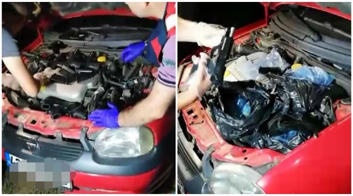 Aracın motor bölümünden 14 silah çıktı